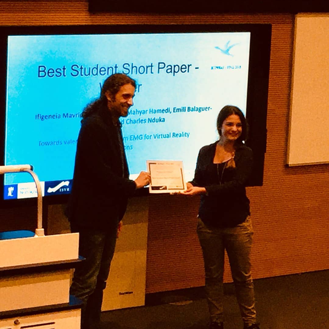 Well done to CDE research engineer Ifigeneia Mavridou and her supervisory team at Bournemouth University and Emteq for winning best short paper at the International Conference on Disability, Virtual Reality and Associated Technologies 2018