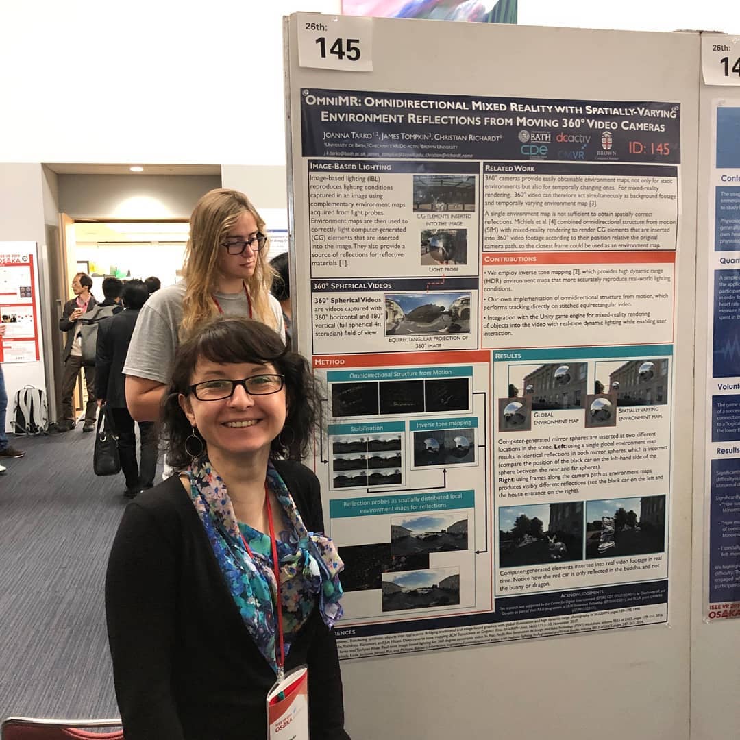 Well done to CDE Research Engineer Joanna Tarko who presented her research on Omnidirectional Mixed Reality at the 26th IEEE conference on Virtual Reality and 3D User Interfaces in Osaka, Japan in Mar 2019.