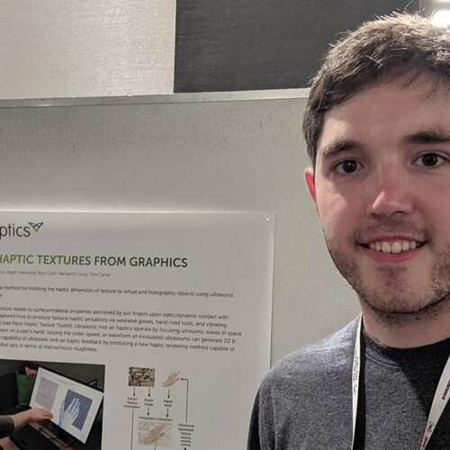 CDE Research Engineer Rory Clark presenting his EngD research with host company @ultrahaptics at World Haptics 2019 in Tokyo Japan.